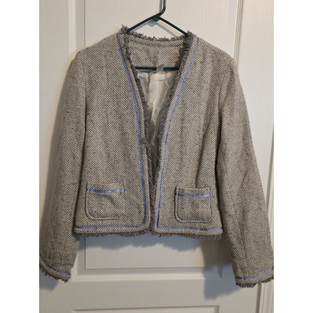 Vintage Old Navy Women's Gray Blue Wool Blend Tweed Fringe Herringbone Jacket